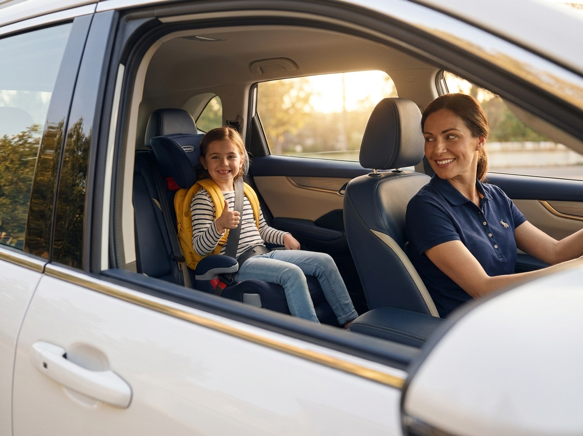 A young student safely buckled in the back seat giving a thumbs up while a friendly monitor looks back and smiles