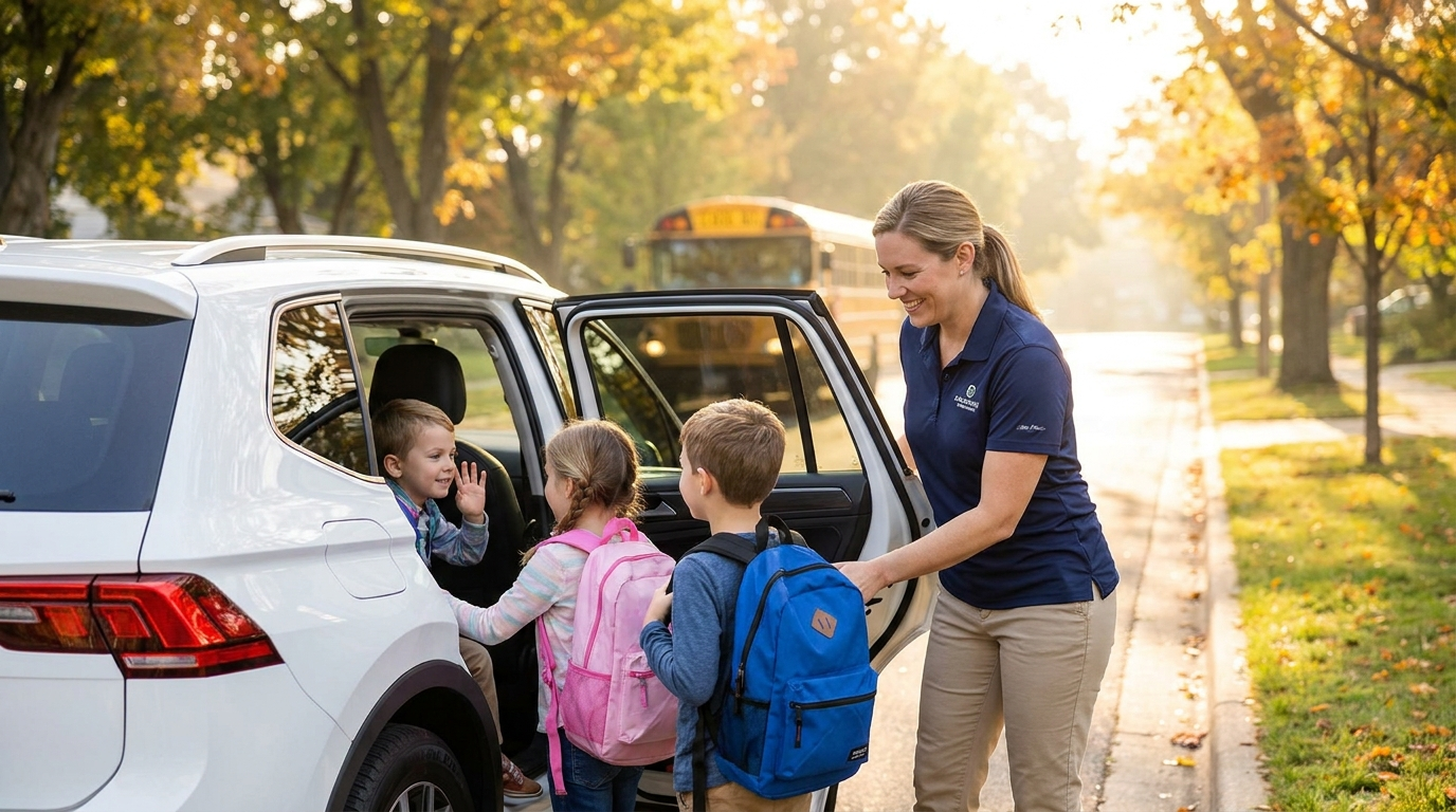 A friendly New Beginnings driver in a navy polo helping three smiling elementary school children with backpacks board a clean white SUV, with a yellow school bus in the background